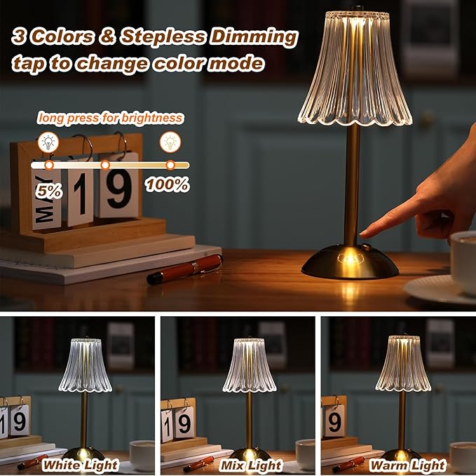 Liliful 1 Pcs LED Portable Cordless Table Lamp Touch Battery Operated Rechargeable Gold Desk Lamp 3 Color Dimmable for Bedroom Living Room Dining (Gold,Rose Style)