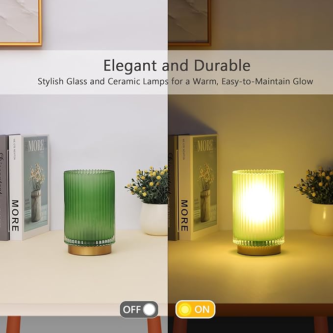 Battery Operated Lamp, Cordless Table Lamp with Timer, Desk Bedside Lamps with LED Warm Light, Glass Small Table Lamp for Bedroom, Bathroom, Living Room, Home Decor - Matte Green