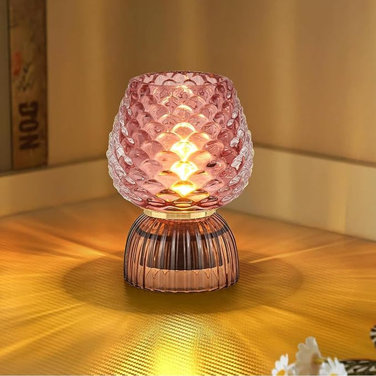Battery Operated Lamp with Timer, Cute Small Cordless Glass Table Lamp for Home Decor, Kitchen, Bathroom, Birthday Gift for Women, Pinecone, Pink