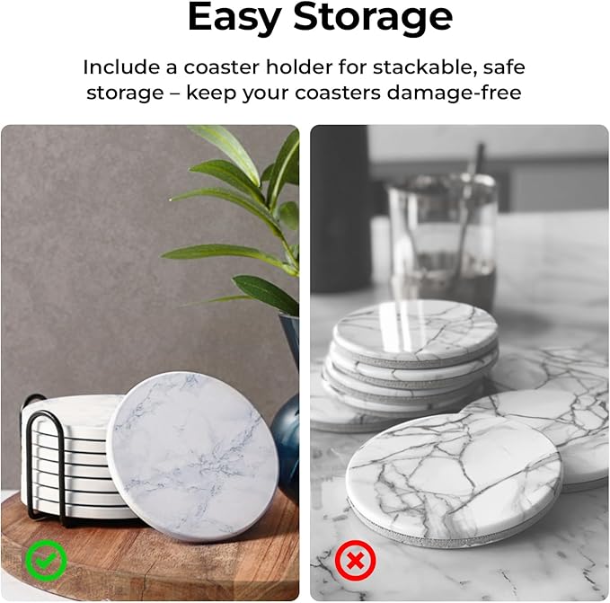 LIFVER Coasters Set of 8 for Drinks, White Marble-Style Anti-Slip Absorbent Drink Coasters with Holder, Modern Marble Stone Coaster for Home Patio Decor Coffee Bar Accessories Ideal Housewarming Gifts