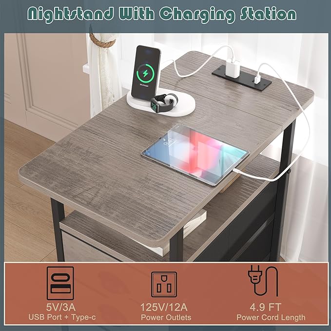 End Table with Charging Station, Side Tables Livingroom with USB Ports and Outlets,Narrow Nightstands Bedside Tables with 3 Drawers for Small Space,Slim Sofa Table Bedroom,Grey