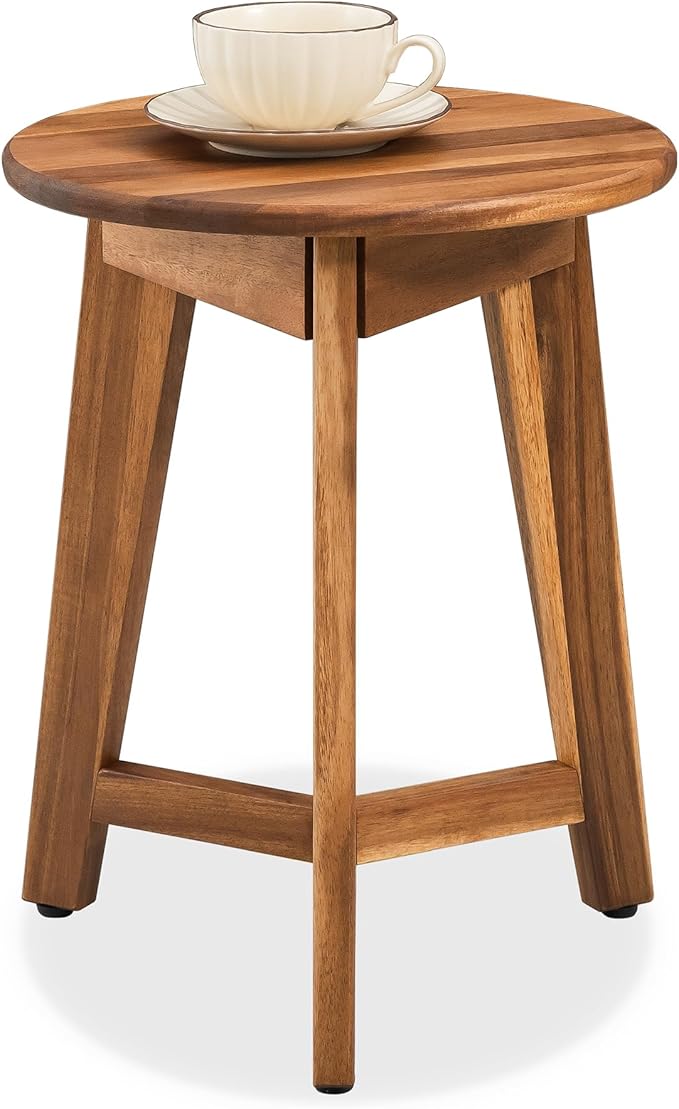 Round Side Table – Solid Acacia Wood End Table for Living Room or Bedroom – Natural Wood Finish, Compact Nightstand or Accent Table for Sofas & Beds (13x16x13 Inches)