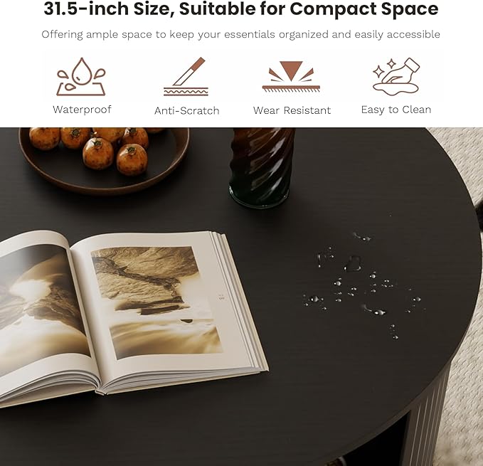 SoarFlash 31.5 Inch Fluted Coffee Table with Storage, Mid Century Modern Round Coffee Table with Shelf, Center Table with Sliding Door and Wood Fluted Handle for Living Room, Black