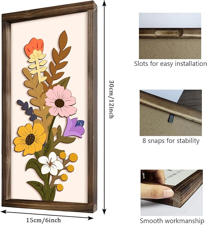 Kas Home 3D Floral Wall Art, 2 Set Rustic Wood Boho Flower with Vase Framed Wall Decor for Bathroom Living Room Bedroom Office Housewarming Gift, Ready To Hang Plaque Sculptures (White-A, 6L" x 12W", Framed)