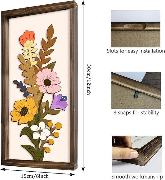 Kas Home 3D Floral Wall Art, 2 Set Rustic Wood Boho Flower with Vase Framed Wall Decor for Bathroom Living Room Bedroom Office Housewarming Gift, Ready To Hang Plaque Sculptures (White-A, 6L" x 12W", Framed)