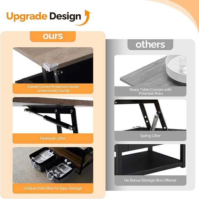 VINGLI 36" Lift Top Coffee Table with Free Cloth Storage Bins, Rustic Framhouse Grey Coffee Tables for Living Room, Small Modern Coffee Table for Small Space in Minimalistic Style, Gray