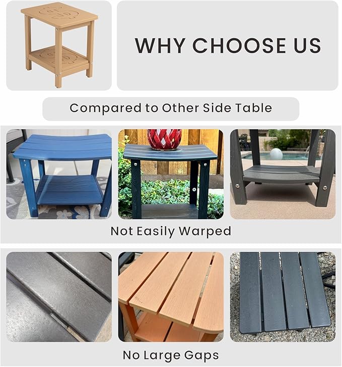 16.6'' HDPE Outdoor Side Table, Weatherproof Small Outdoor Table for Adirondack, Patio, Porch, Balcony, Poolside (2-Tier, Teak)