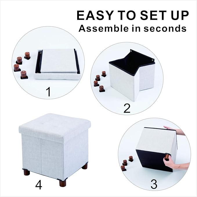 15 Inch Storage Ottoman with Wooden Legs - Cube Foot Rest Stool, Square Footstool, Comfortable Seat with Lid, Foldable Fabric Ottoman, Space-Saving White