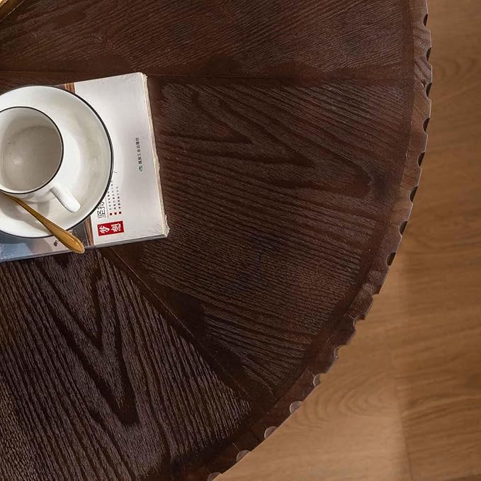 Round Coffee Table, 35.4" Vintage Handcraft Relief Drum Coffee Table Circle Wood Side Table End Table Accent Center Table Home Decor Table for Living Room Bedroom Apartment, Brown