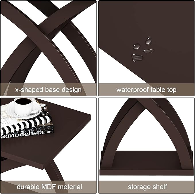 ChooChoo End Side Table Set of 2, Modern End Table with Storage Shelf, X-Design Side Table Living Room (Espresso)