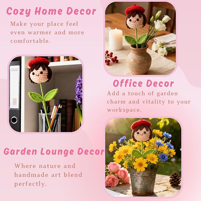 Crochet Handmade Flower Doll Bouquet Gift for Her, DIY Knitted Gifts for Home Office Desk Decor, Gift Ideas for Daughter Girl Girlfriend