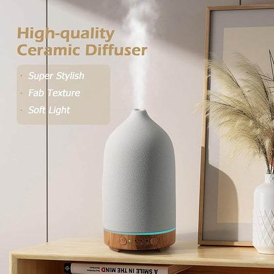 Diffuserlove Ceramic Essential Oil Diffuser for Room, Home, Bedroom - Aromatherapy Air Diffuser With Yellow Wood Pattern Base