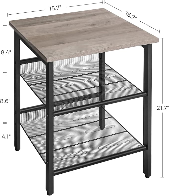 VASAGLE INDESTIC End Table, Nightstand with 2 Adjustable Mesh Shelves, Industrial Side Table for Living Room, Stable Metal Frame, Easy Assembly, Greige and Black ULET023B02