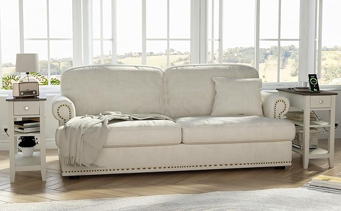 ChooChoo Farmhouse End Table with Charging Station, Narrow Side Table Living Room with USB Ports & Power Outlets and Hidden Drawer,White and Brown