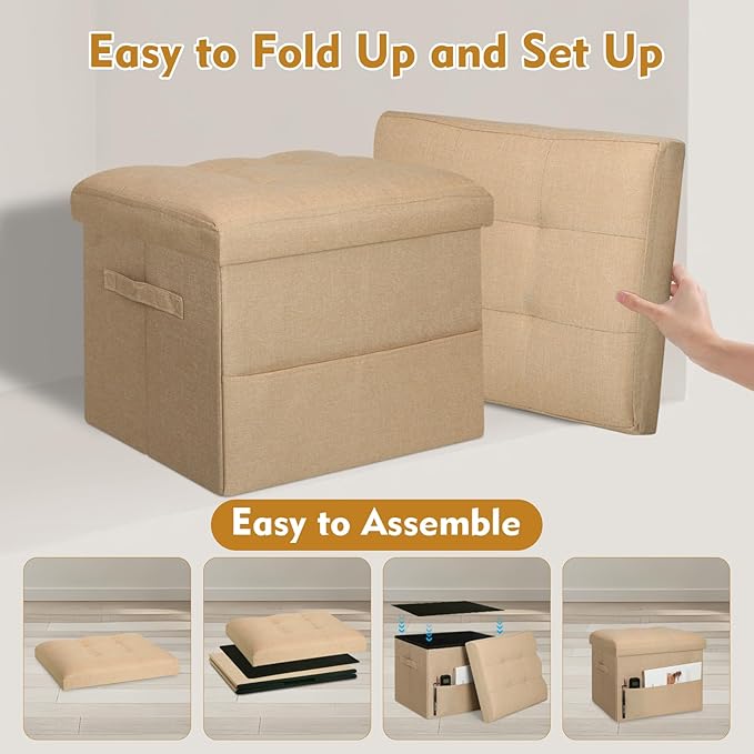 Ottoman with Storage, Small Storage Ottoman Foot Rest with Thicker Foam Padded Seat. Foldable Linen Cloth Foot Stool for Living Room Bedroom, Holds Up to 300 lbs, 17x13x13IN(Beige)