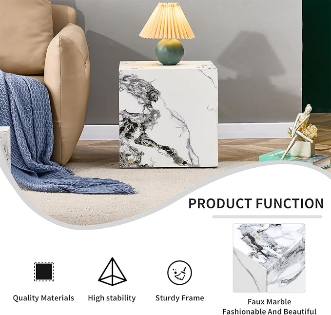 End Table, White Marble Side Table, Beside Table Couch Coffee Table, Cube Accent Living Room Sofa Table, Bedside Table Nightstand for Small Spaces, Bedroom (Modern, Marble 01)