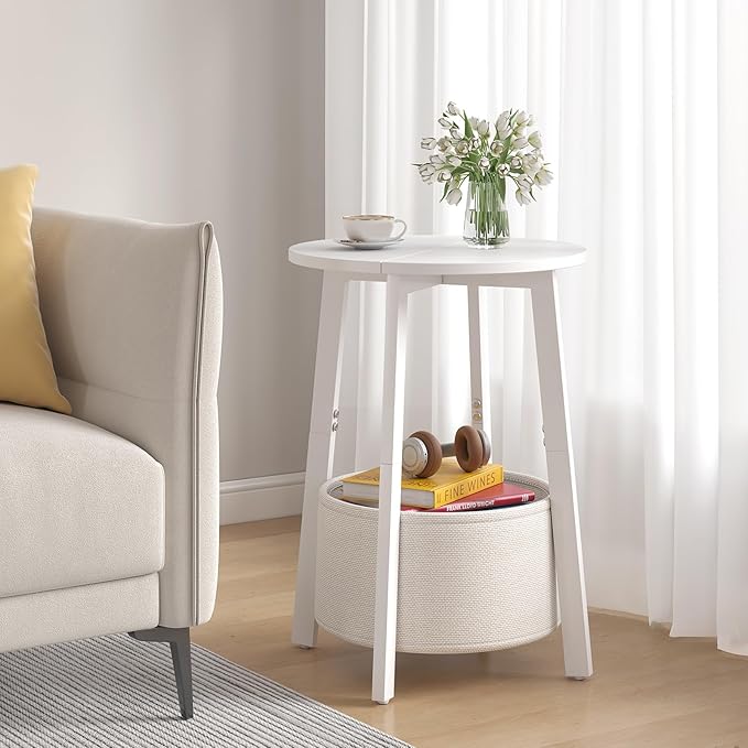 Small Round Side End Table with Cloth Storage Basket, Round Bedside Sofa Couch Coffee Tables for Small Places with Metal Frame, Modern Nighstands for Living Room Bedroom,White