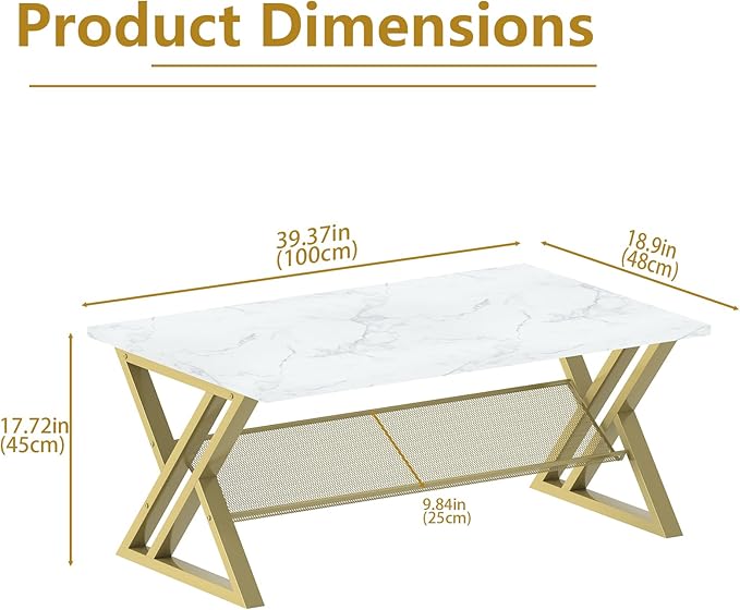 Coffee Table Living Room Table with Storage Shelf, White Table Simple Modern Faux Marble Rectangular Tables with Sturdy Gold Metal Frame,Industrial Wooden Coffee Table for Bedroom Home Office