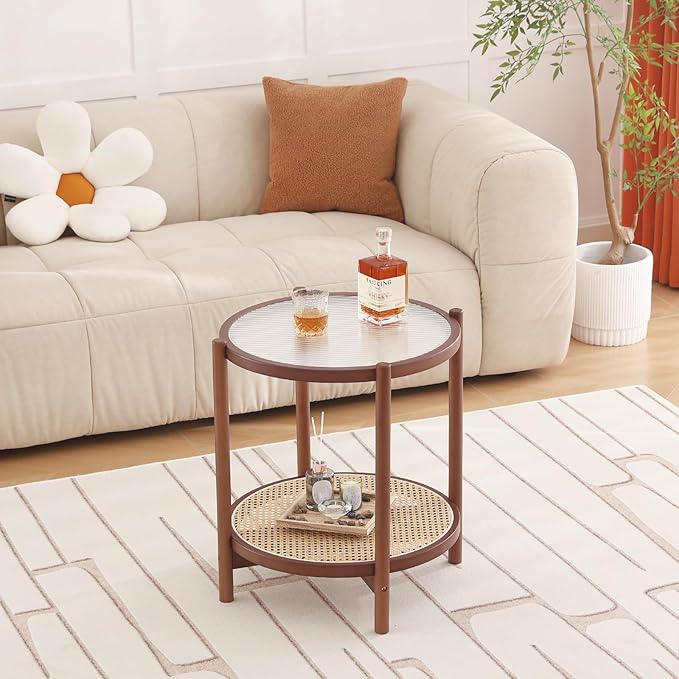 Tiita Rattan Nightstand Side Table, Bamboo Accent Bedside Tables, Glass Coffee Tables, Boho Wooden End Table with Storage for Small Space, Living Room and Bedroom