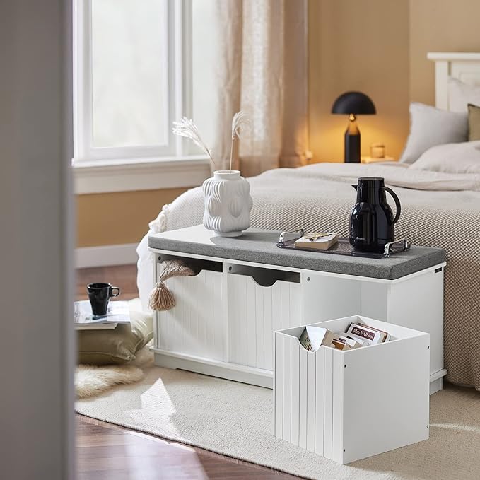 Haotian White Storage Bench with Drawers & Padded Seat Cushion, Hallway Shoe Cabinet Shoe Bench, FSR30-W