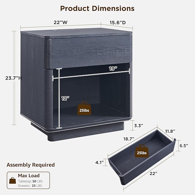 ACCOHOHO Modern Nightstand Set of 2 with Charger Station, 22" Wide Night Stand with Storage Drawer & Open Shelf, Large Bedside Table for Bedroom, Wood End Table, Curved Profile, Black