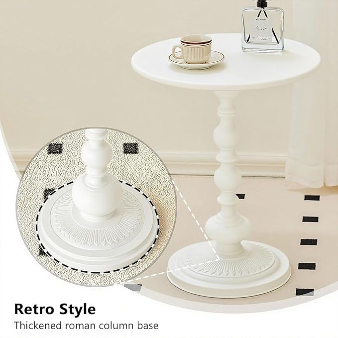 Metal Small End Table,Vintage Matte Black Round Side Table Nightstand for Bedside or Sofa,Small Accent Pedestal Table for Living Room Corners Bedroom Patio and bar (Light White)