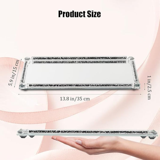 Glass Vanity Tray with Crushed Diamond,Perfume Tray,Mirror Vanity Trays for Bedroom Dresser,Crystal Cosmetic Makeup Tray,Decorative Tray for Home Decor Gift(Black Crushed Diamond)