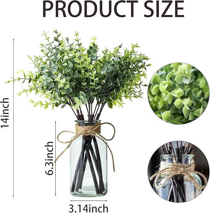 14" Artificial Eucalyptus Stems in Glass Vase, Fake Plants Faux Eucalyptus Branches Greenery Stems for Home Decor Farmhouse Wedding Table Decoration (1)