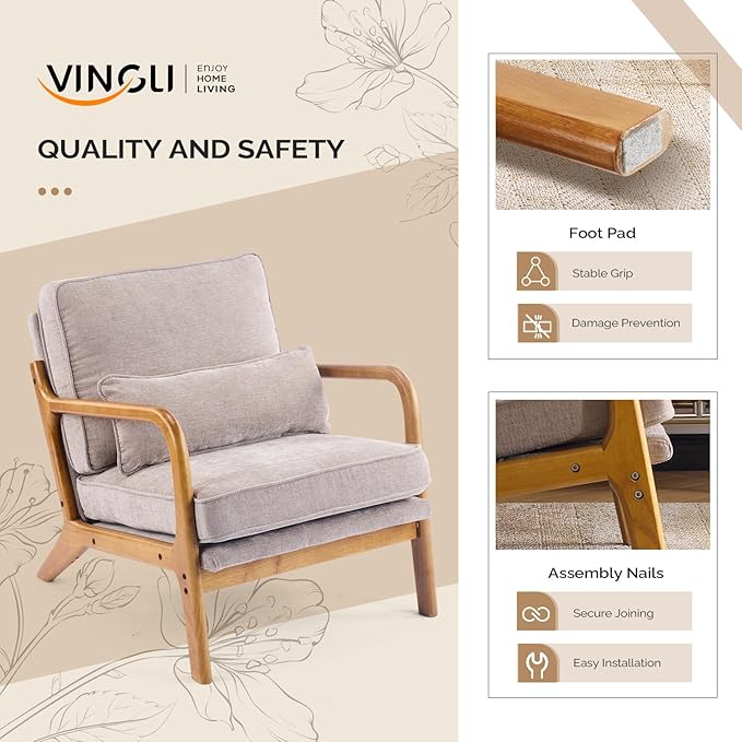 VINGLI Chenille Mid-Century Modern Accent Chair Set of 2, Cute Reading Arm Chair with Cushion & Lumbar Pillow & Solid Wood Frame for Lounge, Living Room, Reading Room, Bedroom, Light Khaki