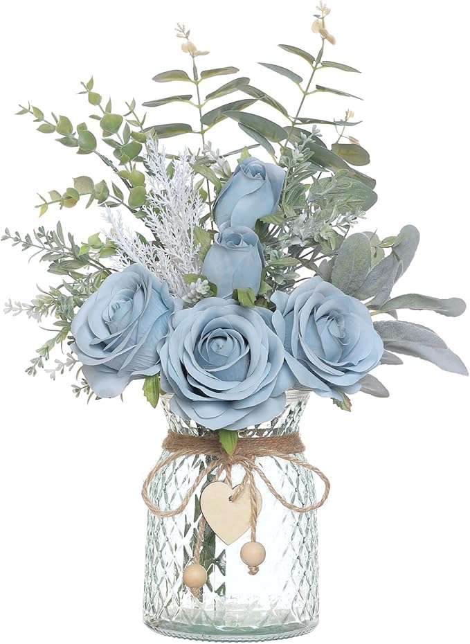 Faux Flowers with Vase,Artificial Silk Roses in Vase, Fake Plant Eucalyptus Flower Arrangement for Home Office Farmhouse Bathroom Dining Table Centerpiece Decorations Coffee Table Decor (Dusty Blue)
