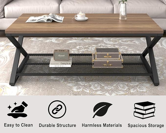 LVB Wood Coffee Table, Metal Wooden 2 Tier Center Tables with Storage, Industrial Cocktail Table with Shelf for Living Room, Farmhouse Rectangle Middle Table for Office Bedroom, 47 inch, Rustic Oak