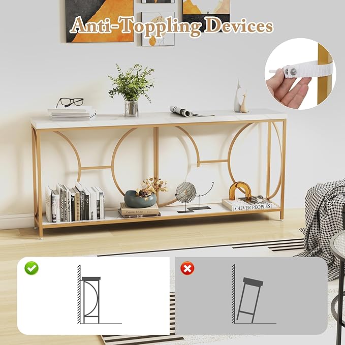 Giantex 71" Console Table, 2-Tier Extra-Long Gold Entryway Table w/Storage Shelf, Faux Marble Top, Narrow Sofa Table with Geometric Frame, Behind Couch Entry Table for Living Room, Hallway, Foyer