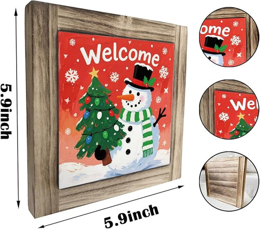 Christmas Wood Decor, Welcome Sign, Snowman Decors Art for Home Office, Christmas Tree Decoration, Home Front Door Porch Decors, Xmas Party Decor Ornaments, Farmhouse Wooden Box Sign