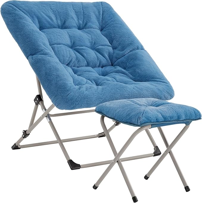 OAKHAM Comfy Chair for Adults, Soft Faux Fur Folding Lounge for Bedroom Living Room Dorm Rooms Flexible Reading Chair for Teens Kids, X-Large Foldable (Ottoman-Blue)