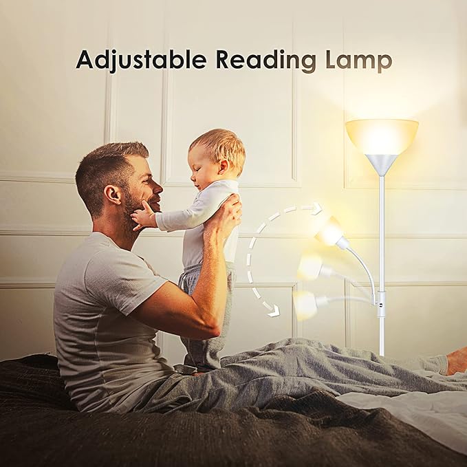 Floor Lamps for Living Room White, Standing Lamp, Torchiere Floor Lamps with Adjustable Reading Light, 71" Tall Pole Lamps, 3 Way Switch, Torch Corner Floor Lamp for Bedroom/Office(E26 Base, No Bulb)