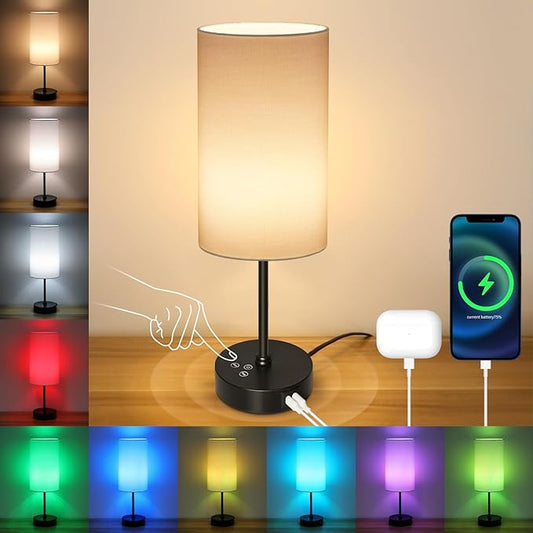 Unicozin Table Lamp, 3 CCT 3000K/4500K/6500K & RGB Color Changing, Stepless Dimmable, 17Inch Bedside Lamp for Reading, Ambience Nightstand Light for Home Decor Party, White Shade