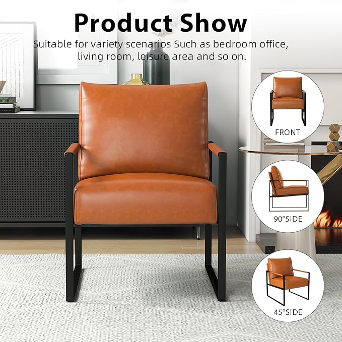 INZOY Leather Accent Chair with Metal Frame Set of 2, Comfy Living Room Chair with Plump Backrest and Cushion, Mid Century Modern Chair with Sturdy Structure, Easy to Clean, Brown