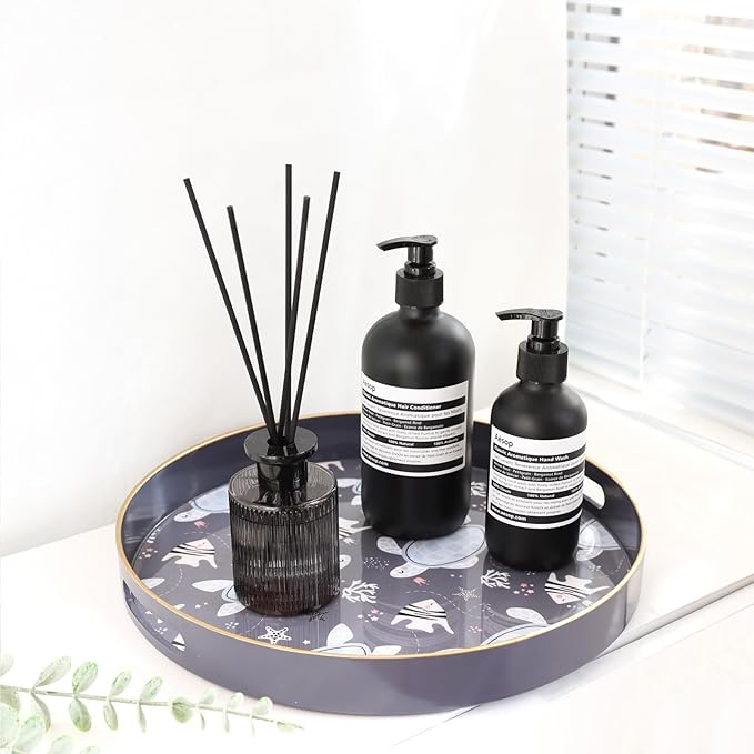 Spsyrine Decorative Serving Tray with Handles, Lacquered Coffee Table Tray for Ottoman, Round Waterproof Platters for Centerpieces, Parties, Living Room, Kitchen Counter Organization Turtle