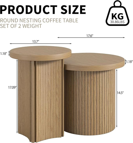 Set of 2 Nesting Coffee Tables Farmhouse,Round Coffee Tables Living Room,Wood Finish Coffee Table Set, Small Coffee Table, Sofa Side Living Room Bedroom Coffee Table Side Table (Small Size-Set)