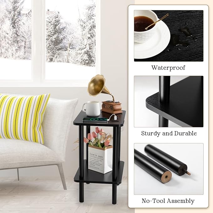 FORAOFUR End Table with Charging Station, Black Side Table with USB Ports and Outlets, Narrow Side Table for Living Room, Bedroom and Office, Small Nightstand with Charging Station