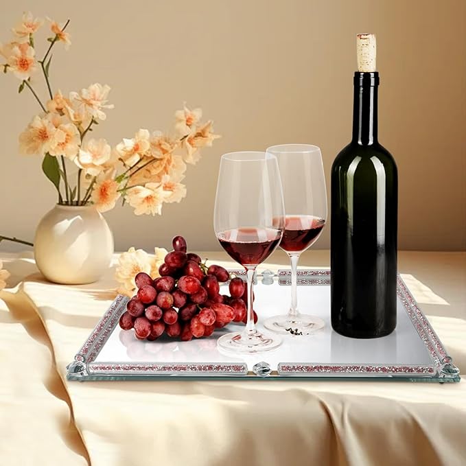 Large Mirror Perfume Tray for Dresser,Pink Crushed Diamond Filled Glass Vanity Tray,Decorative Bathroom Tray,Crystal Tray for Home Decorative,Party,Hotel Banquet,15.7x11.8x1.4inch,Pink