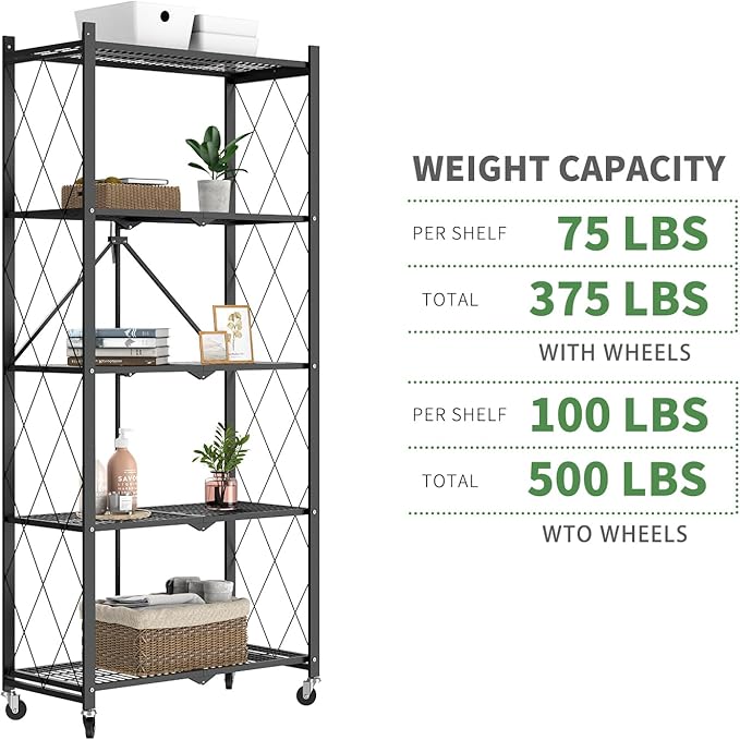 64" H 5 Tier Foldable Storage Shelf with Wheels, Folding Shelving Loads 500 LBS, Metal Steel Garage Shelves, Rolling Standing Utility Rack for Kitchen, Pantry, Office, Black