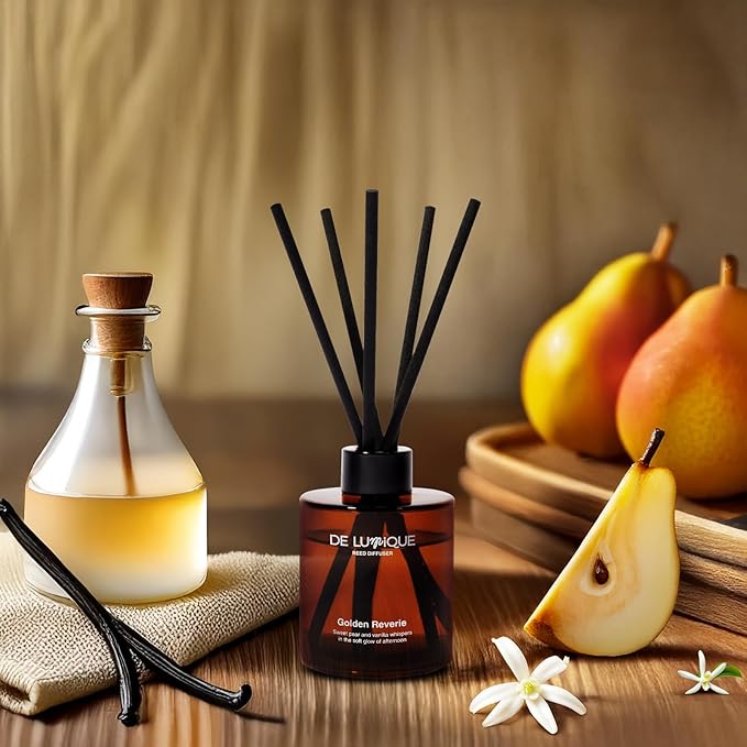 Aroma Diffuser for Home – Golden Reverie Reed Diffuser with Essential Oils – Long Lasting Room Scent Diffuser, Vanilla Pear Scent – 150ml