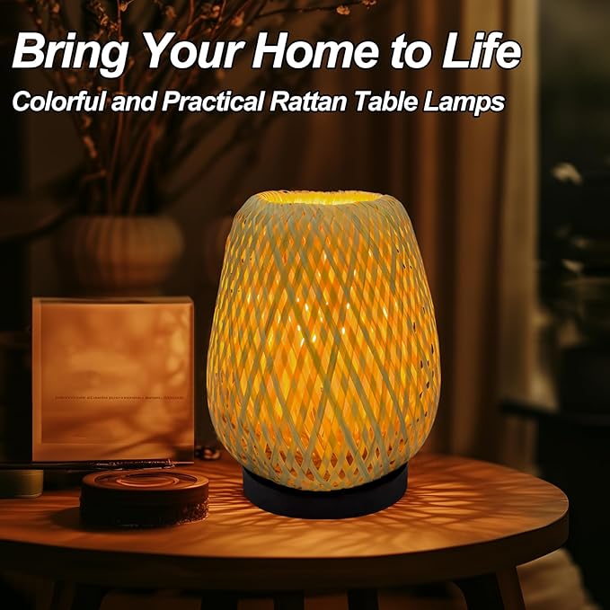 Boho Woven Nightstand Table Lamp - Rattan 3 Color Temperature Handmade Rattan Bamboo Lamp for Bedroom, Living Room