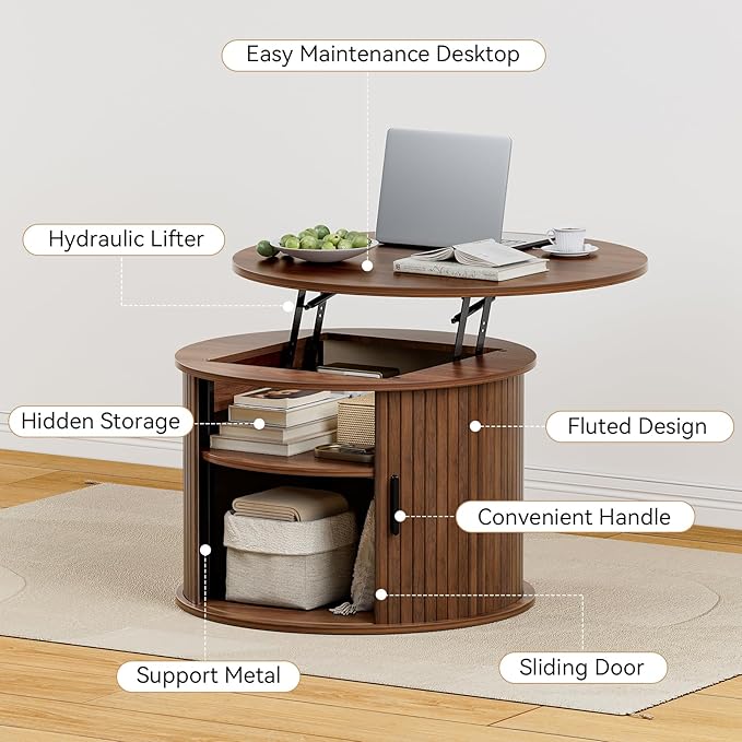 FABATO Round Lift Top Coffee Table, Fluted Wood Accent Coffee Table with Hidden Storage and Open Shelves, Drum Table with Sliding Rolling Door, Small Center Table Dining Table for Living Room, Walnut