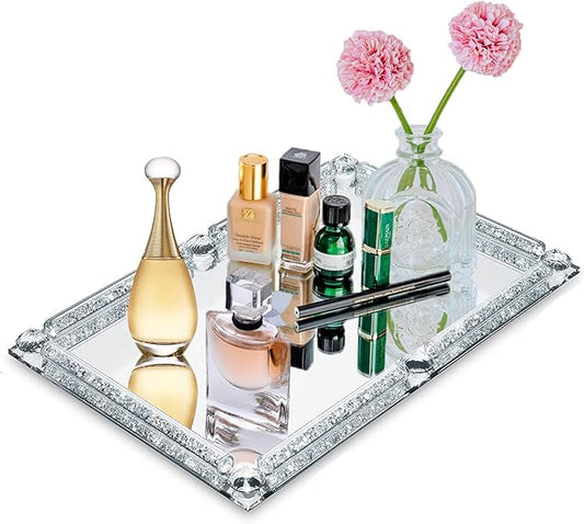 Mirror Crystal Perfume Tray,Crushed Diamond Filled Crystal Glass Vanity Tray,Jewelry Trinket Holder,Decorative Tray for Home,Party,Hotel Banquet