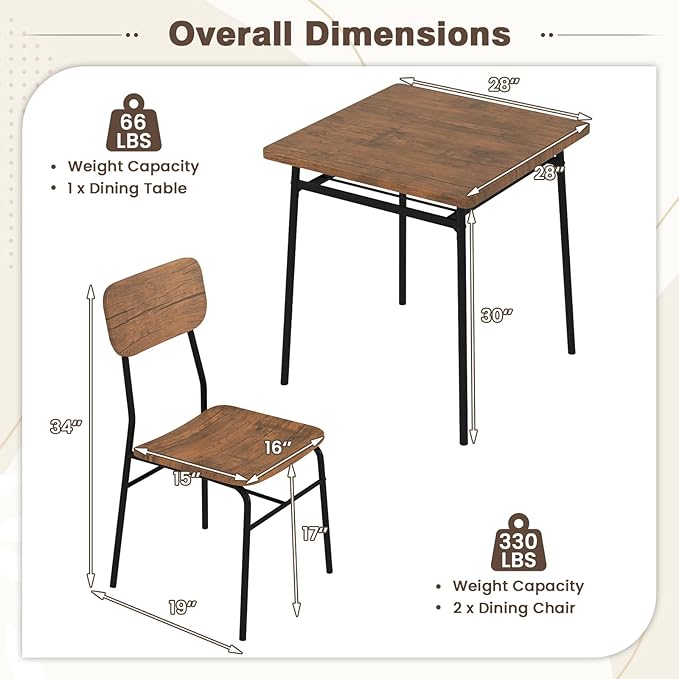 Tangkula Square Dining Table Set for 2, Compact Metal Frame Kitchen Table & Chairs with Built-in Storage Rack, Space-Saving Dinette Set for Breakfast Nooks, Studios & Small Spaces