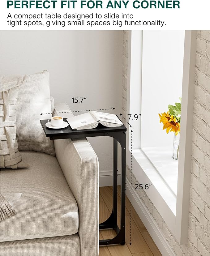 C-Shaped Side Table for Couch - Small Coffee Stand Sofa Tray Desk with Sturdy Metal Frame and Waterproof Scratch Resistant Wood Surface, Modern End Accent for Living Room, Bedroom, Black