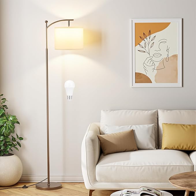 60" Floor Lamps for Living Room with 3 Color Temperatures, Adjustable White Shade with Brown Pole, Tall Lamps for Living Room Bedroom Office Classroom Dorm Room, 9W Bulb Included