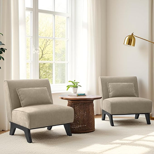 Armless Set of 2 Accent Chair,Modern Comfy Upholstered Living Room Chairs with Wooden Legs& Pillows,Lounge Sofa Side Chair for Bedroom Farmhouse Reading (Brown, 2 PCS)